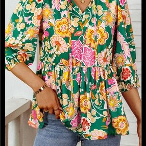 Floral Green V-Neck Peplum Top - Women